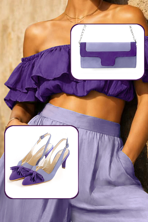 Women's violet purple and lavender purple elegant slingback heels, with a bow on the front. Tapered toe. Medium slim heel - Worn view